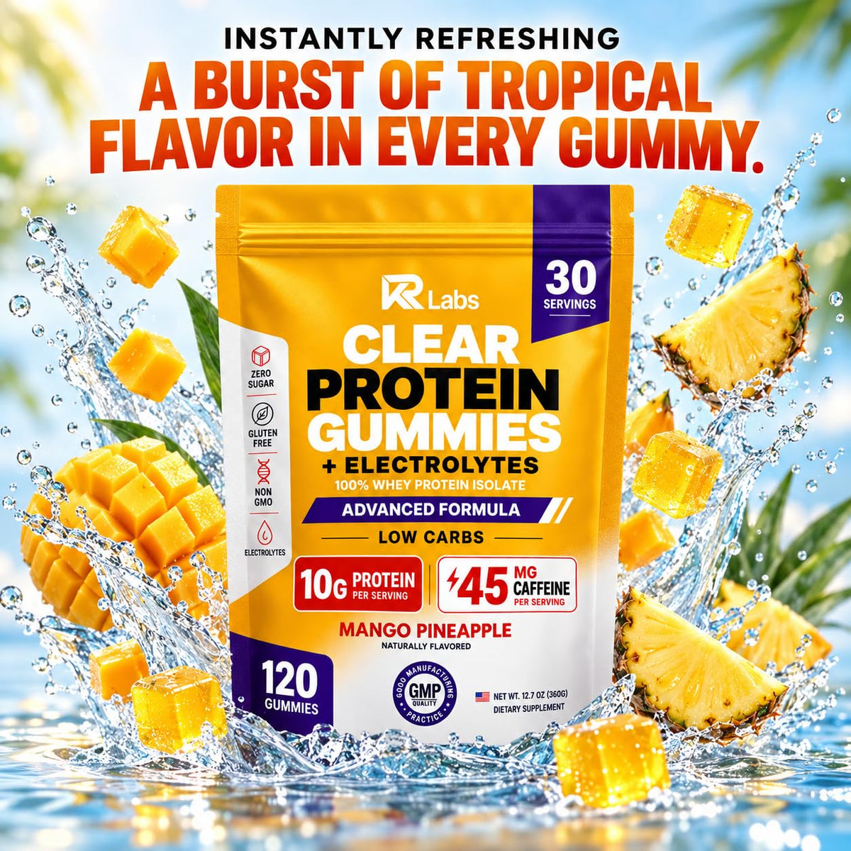 KR Labs Low Carb Clear Whey Protein Gummies, Electrolytes | 45mg Caffeine,10g Protein per Serving, 300g Total per Bag, 100% Whey Isolate, Gluten-Free,Non-GMO,120 CT
