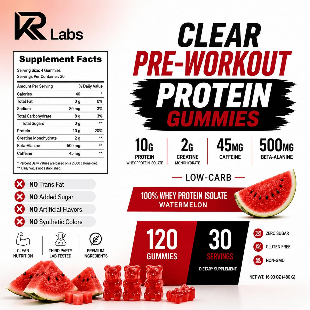 KR Labs Clear Whey Protein Gummies | Pre-Workout | 45mg Caffeine