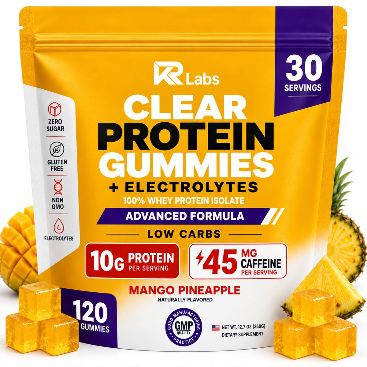 KR Labs Low Carb Clear Whey Protein Gummies, Electrolytes | 45mg Caffeine,10g Protein per Serving, 300g Total per Bag, 100% Whey Isolate, Gluten-Free,Non-GMO,120 CT
