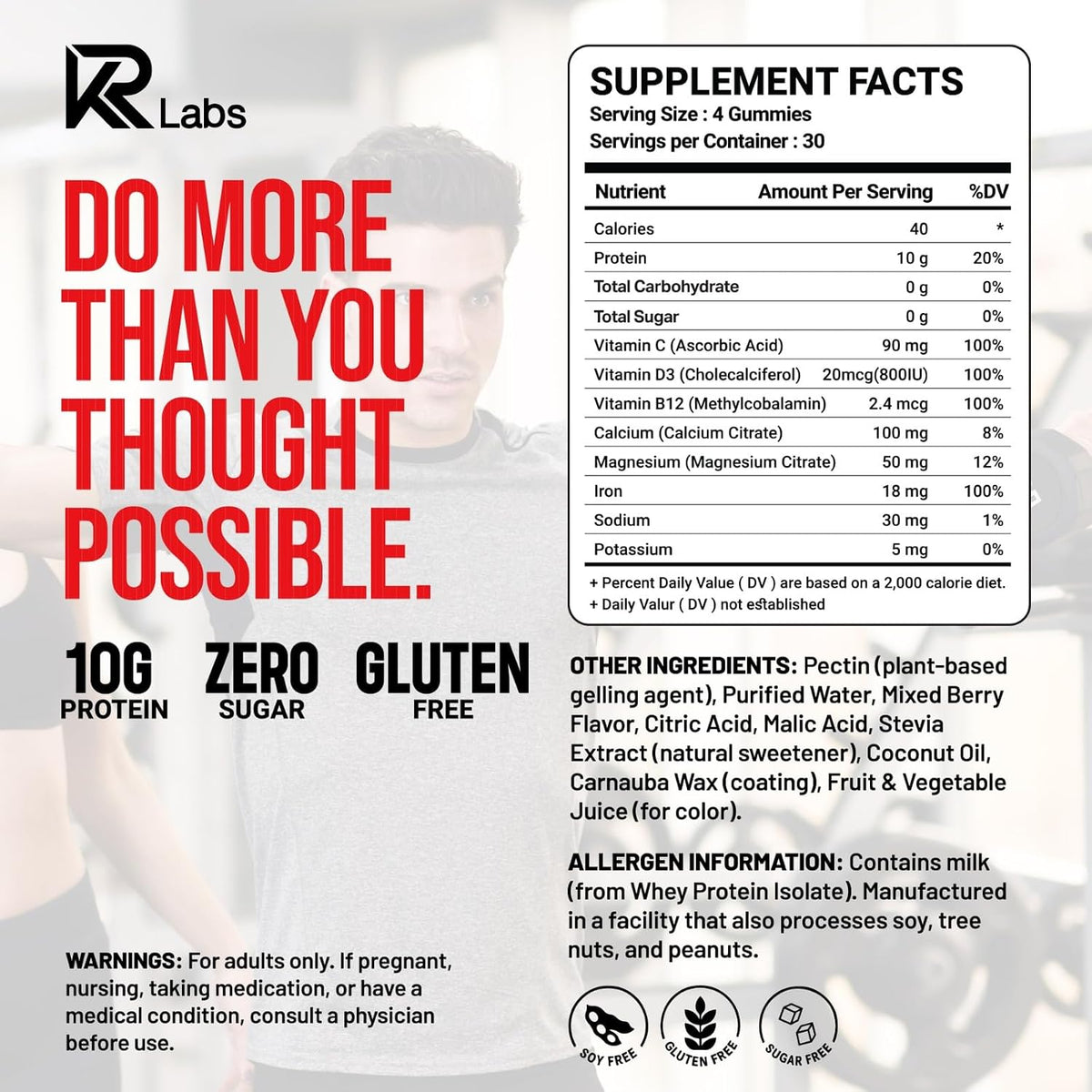 Zero Carb Whey Isolate Protein Gummies, 10g Protein, Strawberry 10g Protein per Serving, 300g Total per Bag, 100% Whey Isolate, Gluten-free, Non-GMO, Vitamins Added, For Men & Women