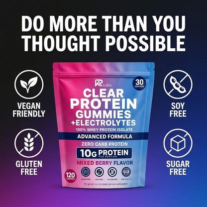 Zero Carb Clear Whey Protein Gummies, Electrolyte, Mixed Berry 10g Protein per Serving, Zero Carb, 100% Whey Isolate, Gluten-free, Non-GMO, Vitamins Added, For Men & Women