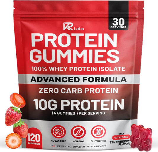 Zero Carb Whey Isolate Protein Gummies, 10g Protein, Strawberry 10g Protein per Serving, 300g Total per Bag, 100% Whey Isolate, Gluten-free, Non-GMO, Vitamins Added, For Men & Women
