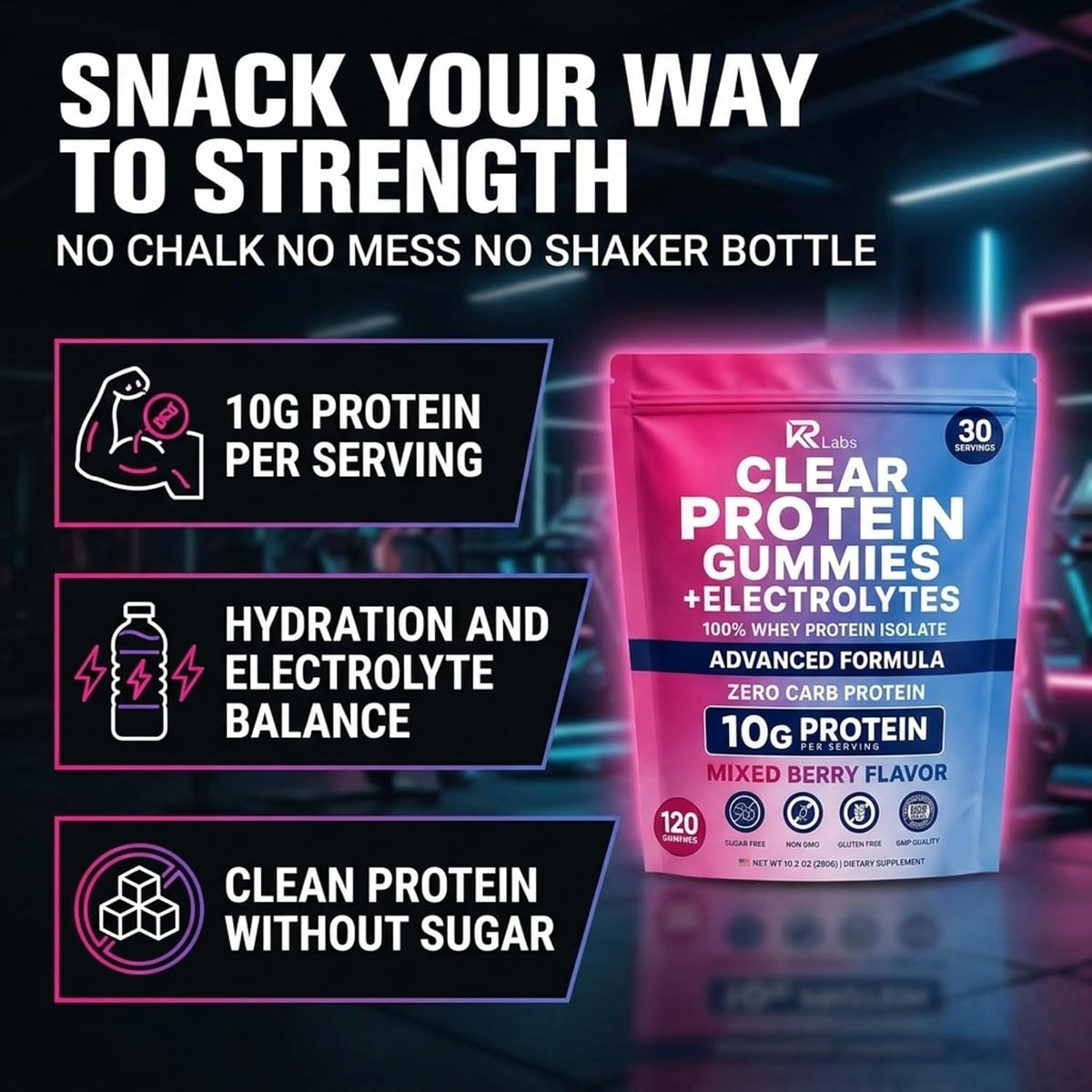 Zero Carb Clear Whey Protein Gummies, Electrolyte, Mixed Berry 10g Protein per Serving, Zero Carb, 100% Whey Isolate, Gluten-free, Non-GMO, Vitamins Added, For Men & Women