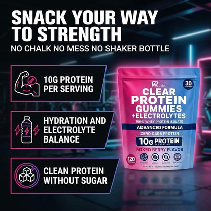 Zero Carb Clear Whey Protein Gummies, Electrolyte, Mixed Berry 10g Protein per Serving, Zero Carb, 100% Whey Isolate, Gluten-free, Non-GMO, Vitamins Added, For Men & Women