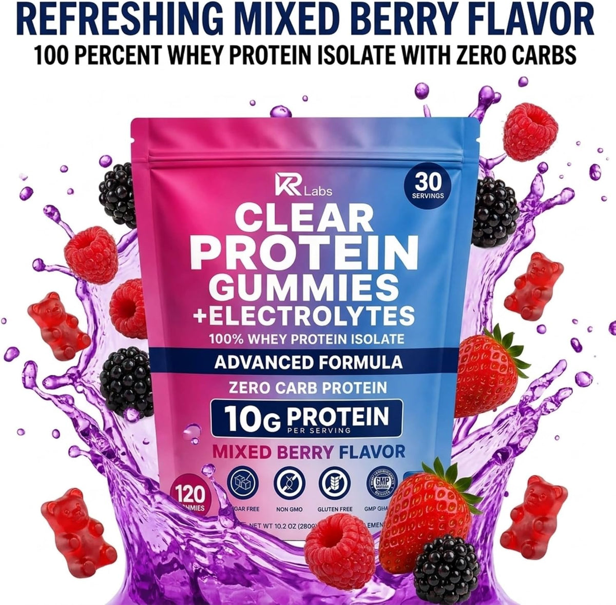 Zero Carb Clear Whey Protein Gummies, Electrolyte, Mixed Berry 10g Protein per Serving, Zero Carb, 100% Whey Isolate, Gluten-free, Non-GMO, Vitamins Added, For Men & Women