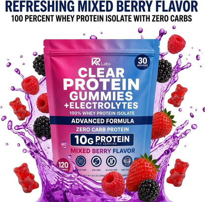 Zero Carb Clear Whey Protein Gummies, Electrolyte, Mixed Berry 10g Protein per Serving, Zero Carb, 100% Whey Isolate, Gluten-free, Non-GMO, Vitamins Added, For Men & Women