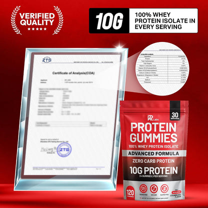 Zero Carb Whey Isolate Protein Gummies, 10g Protein, Strawberry 10g Protein per Serving, 300g Total per Bag, 100% Whey Isolate, Gluten-free, Non-GMO, Vitamins Added, For Men & Women