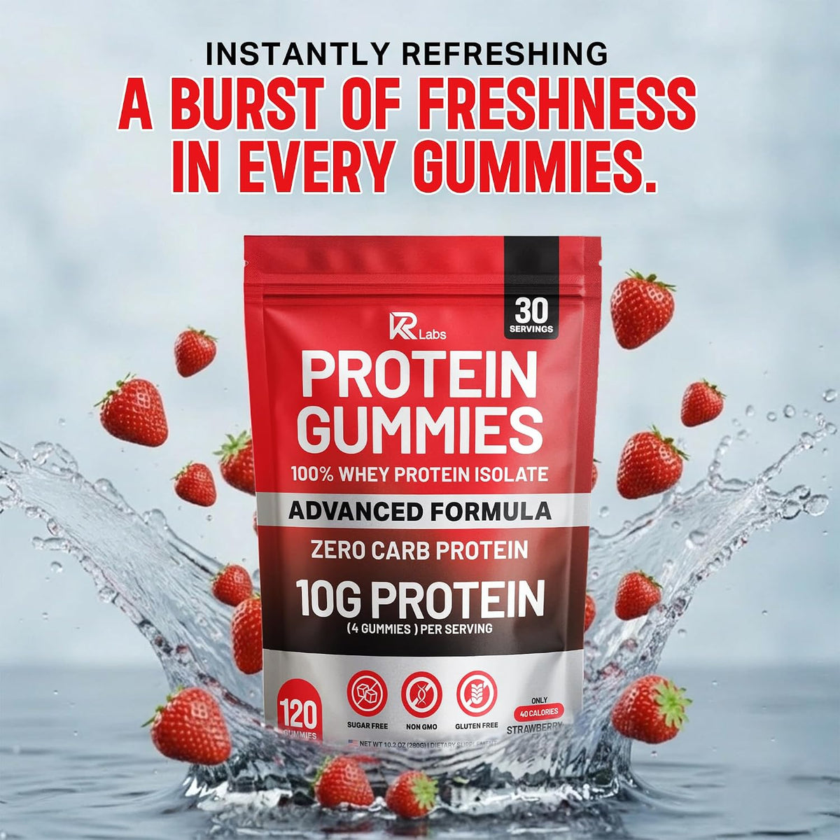Zero Carb Whey Isolate Protein Gummies, 10g Protein, Strawberry 10g Protein per Serving, 300g Total per Bag, 100% Whey Isolate, Gluten-free, Non-GMO, Vitamins Added, For Men & Women