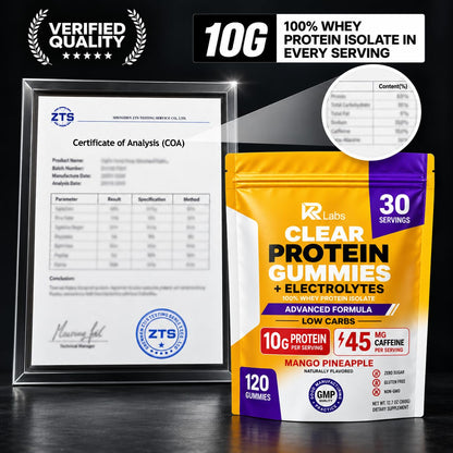 KR Labs Low Carb Clear Whey Protein Gummies, Electrolytes | 45mg Caffeine,10g Protein per Serving, 300g Total per Bag, 100% Whey Isolate, Gluten-Free,Non-GMO,120 CT