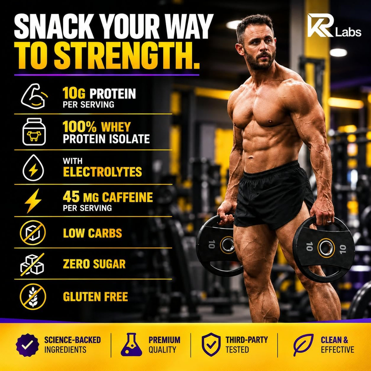 KR Labs Low Carb Clear Whey Protein Gummies, Electrolytes | 45mg Caffeine,10g Protein per Serving, 300g Total per Bag, 100% Whey Isolate, Gluten-Free,Non-GMO,120 CT