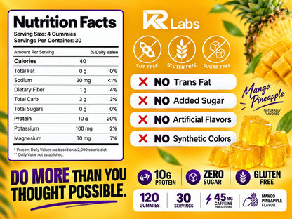 KR Labs Low Carb Clear Whey Protein Gummies, Electrolytes | 45mg Caffeine,10g Protein per Serving, 300g Total per Bag, 100% Whey Isolate, Gluten-Free,Non-GMO,120 CT